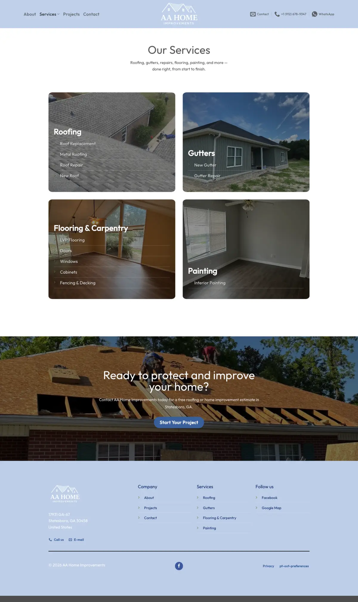 AA Home Improvements Services page