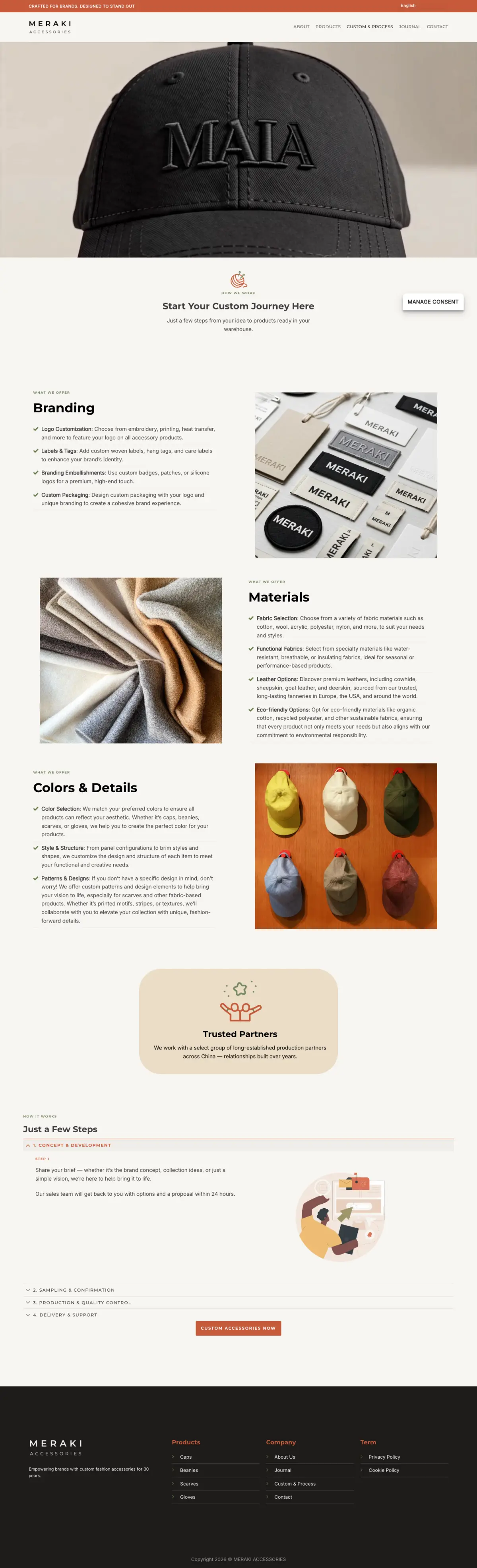 Meraki Accessories Custom & Process page
