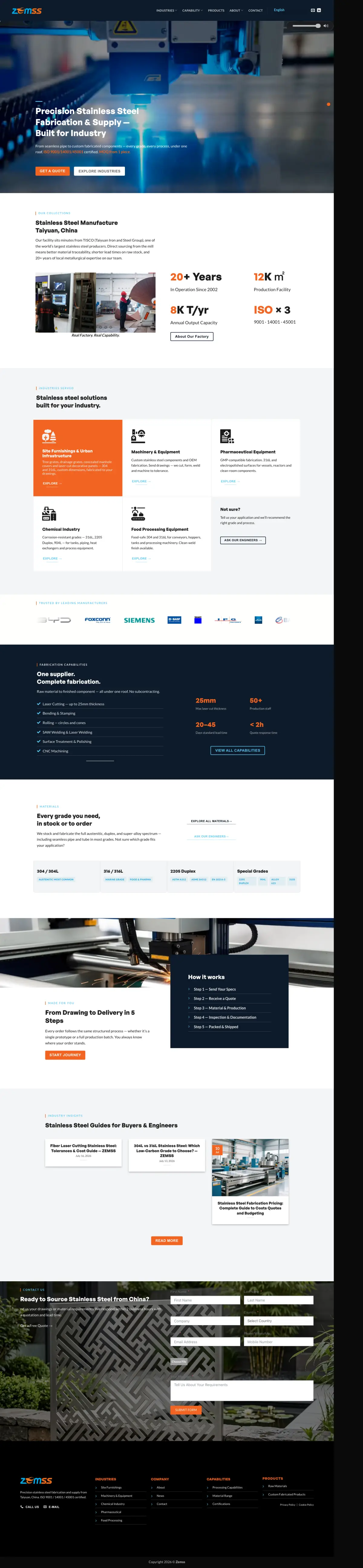 ZEM Steel full homepage, desktop